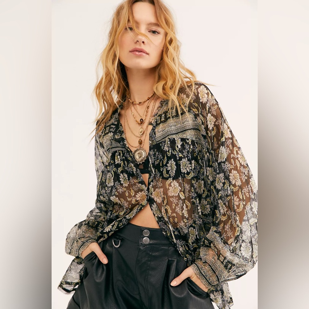 Free People Beat Of My Heart Button Down - Small (Black Combo)